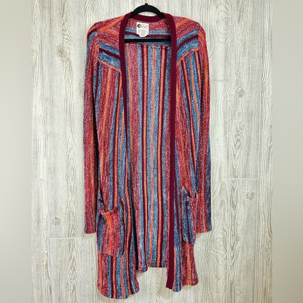 Billabong Boho Longline Open Front Colorful Striped Cardigan Sweater Size M